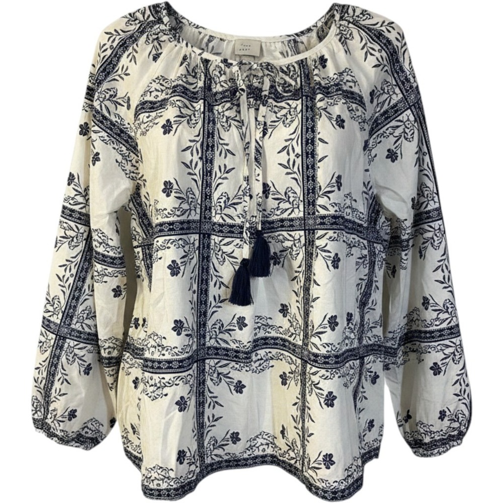 A New Day Womens 1X Navy White Floral Tile Tassel Peasant Blouse Cotton Top